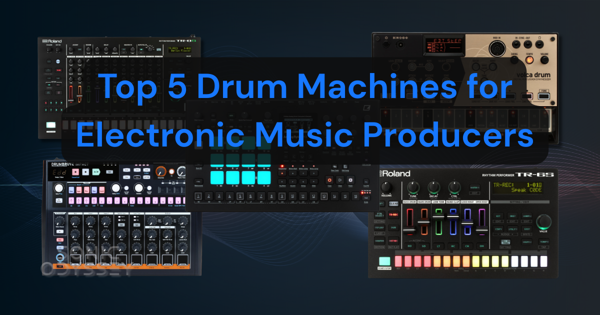 Top 5 drum machines for electronic music producers including models from Roland, Korg, and Elektron.