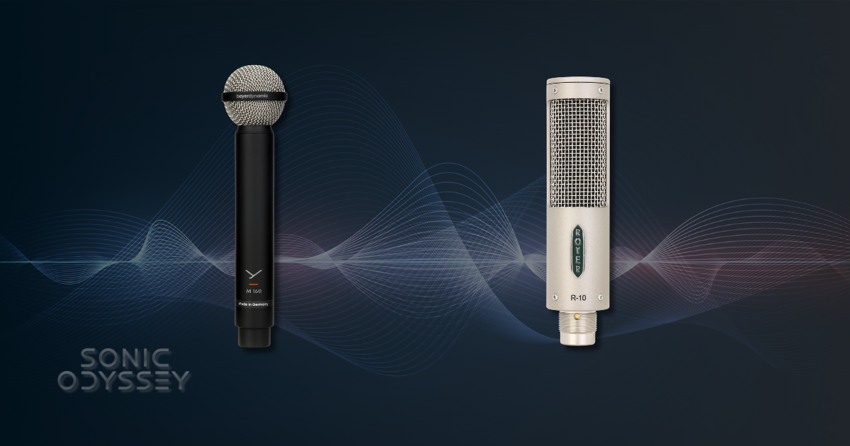Beyerdynamic M160 and Royer R-10 ribbon microphones on a dark background with waveform graphics and Sonic Odyssey branding.