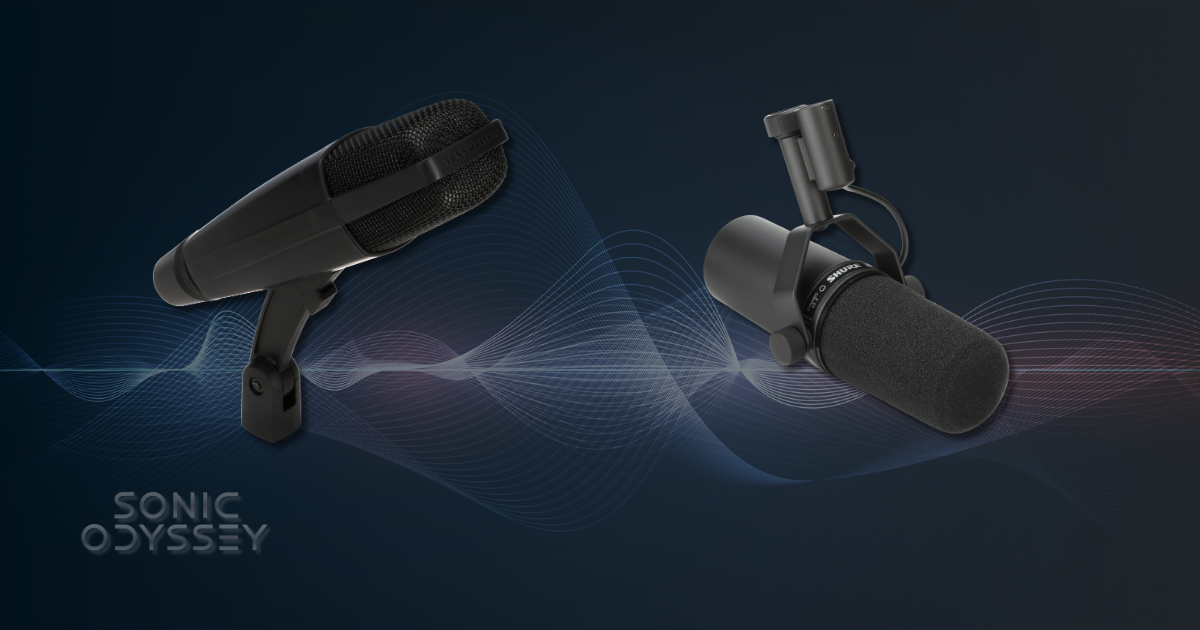 Beyerdynamic M 421 and Shure SM7B dynamic microphones on a dark background with waveform graphics and Sonic Odyssey branding.