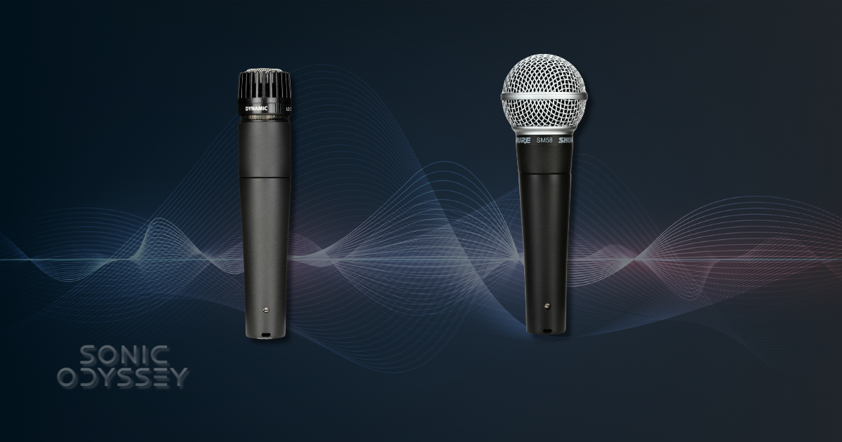Shure SM57 and SM58 dynamic microphones on a dark background with waveform graphics and Sonic Odyssey branding.