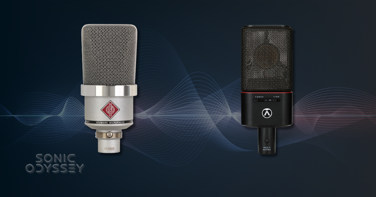 Neumann TLM102 and Austrian Audio OC18 condenser microphones on a dark background with waveform graphics and Sonic Odyssey branding.