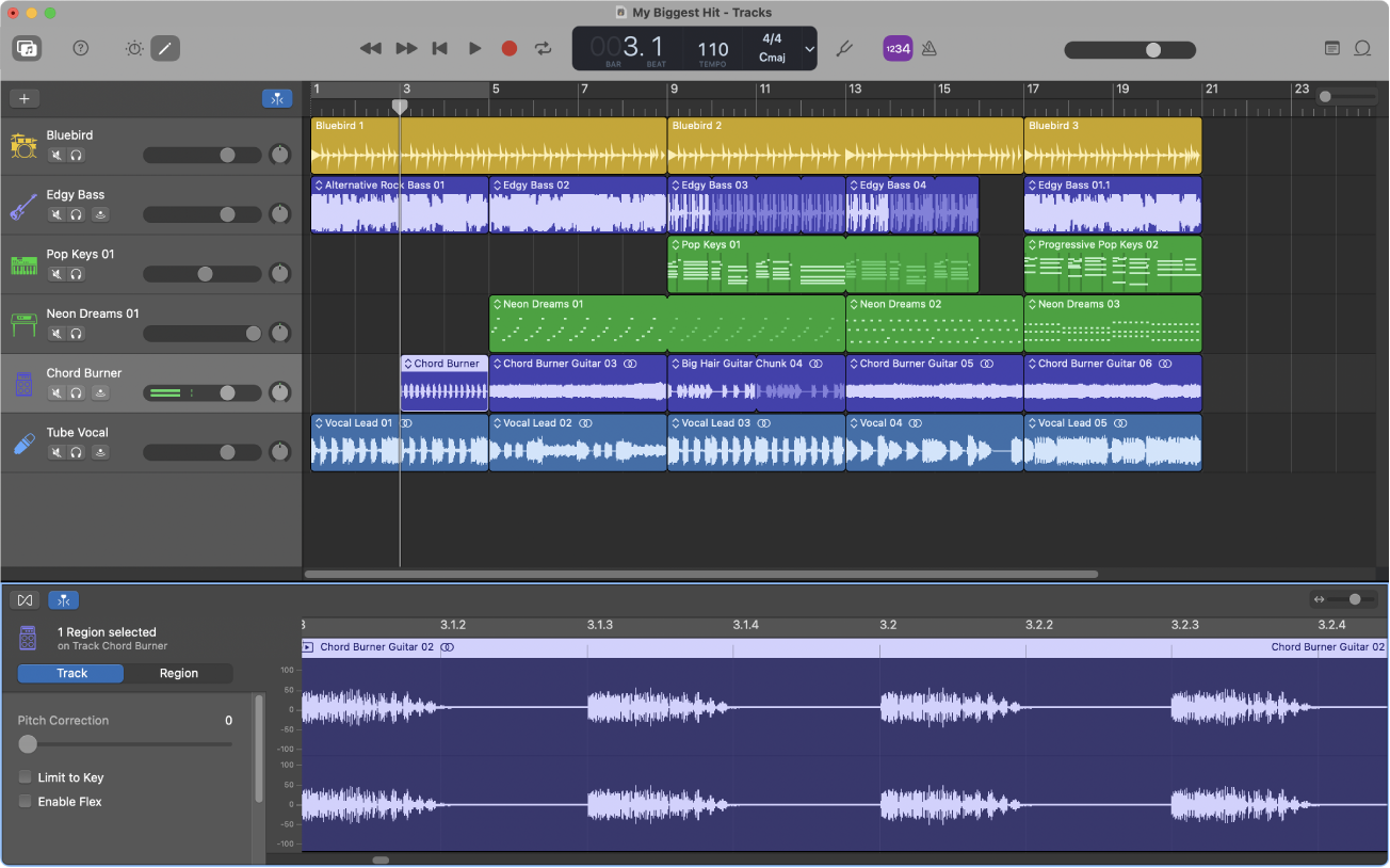 Screenshot of GarageBand interface – beginner-friendly free DAW for Mac with built-in instruments and loops