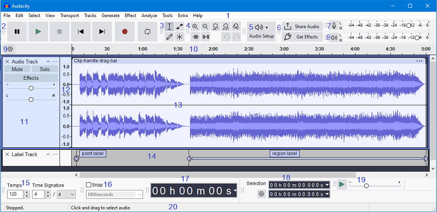 Screenshot of Audacity interface – lightweight free audio editor for podcasting, simple recording, and basic editing