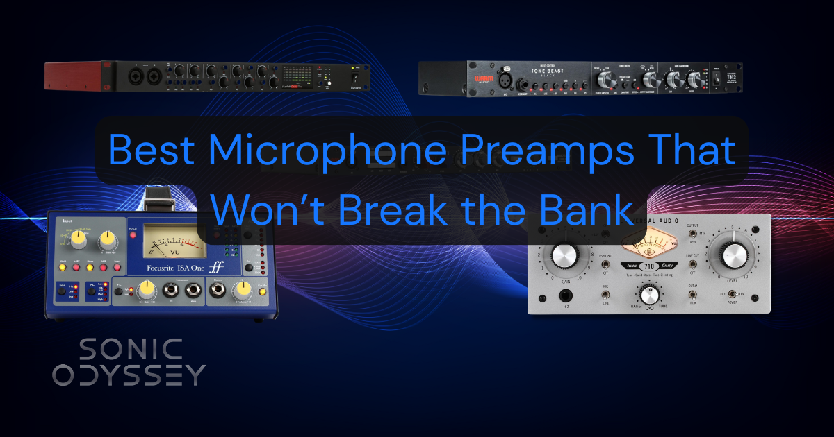 Collage of budget-friendly microphone preamps with text “Best Microphone Preamps That Won’t Break the Bank.”