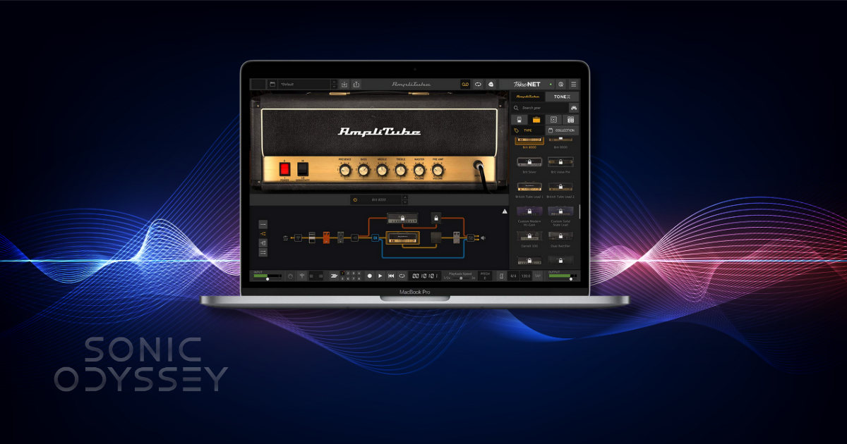 Amplitube 5 CS free guitar amp simulation software shown running on a laptop interface
