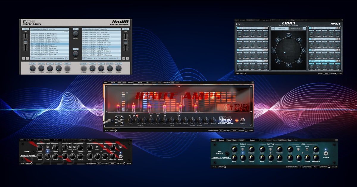 Ignite Amps free guitar amp sim plugins including Emissary, NadIR, and Libra displayed on a waveform background
