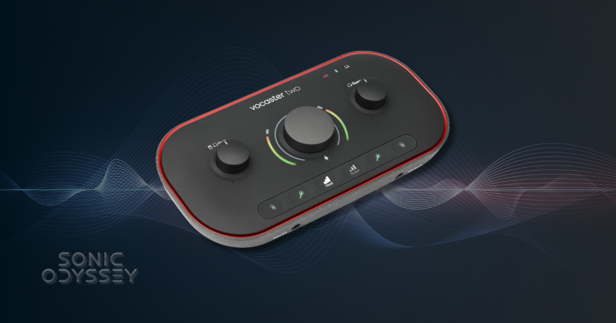Focusrite Vocaster Two USB-C audio interface for podcasting and streaming with dual high-gain mic preamps and built-in loopback, featured in 2026 budget interface roundup.