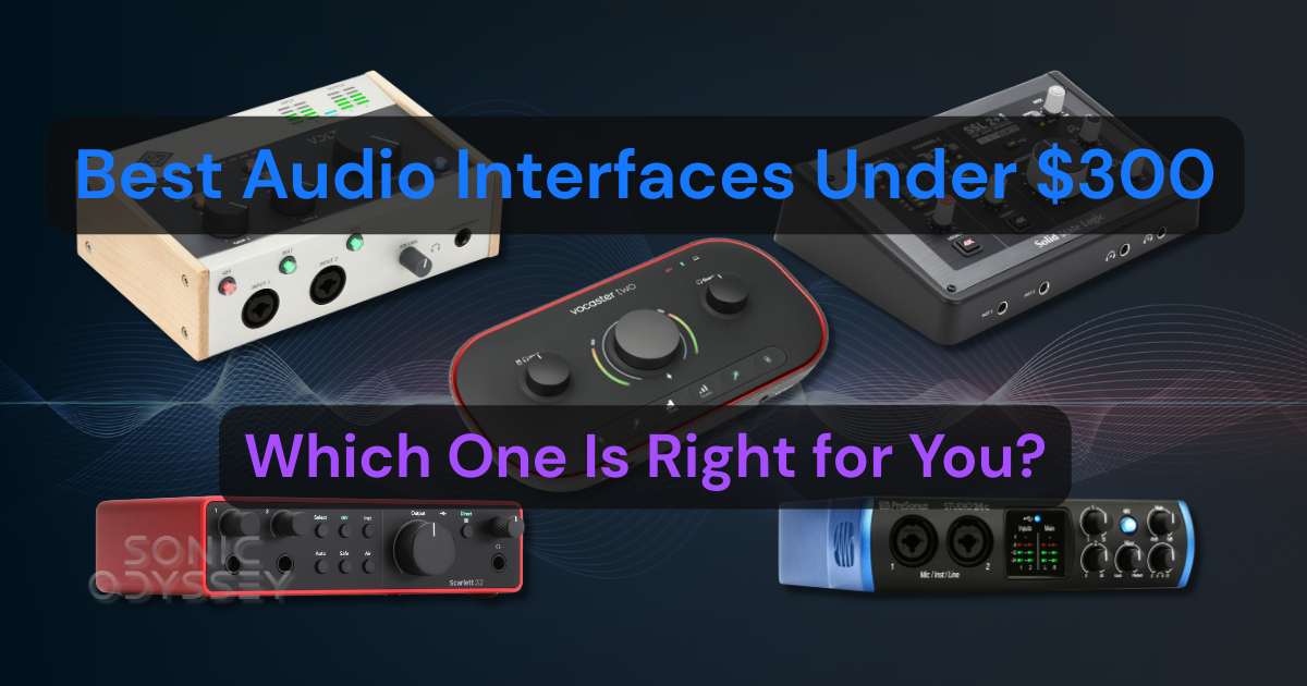 Best audio interfaces under $300 in 2026 including Focusrite Scarlett 2i2, Universal Audio Volt, Audient iD series, and other popular USB-C recording interfaces.