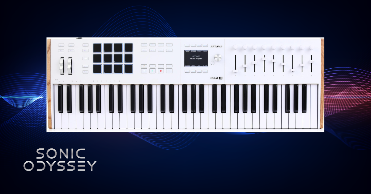Arturia KeyLab Mk3 61 MIDI controller with semi-weighted keys, drum pads, faders, and encoders on a dark Sonic Odyssey background.