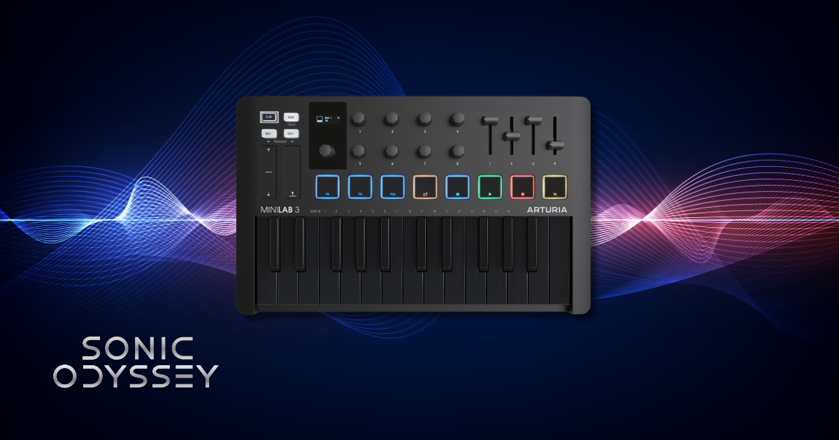 Arturia MiniLab 3 compact MIDI controller with mini keys, RGB pads, encoders, and faders on a Sonic Odyssey background.
