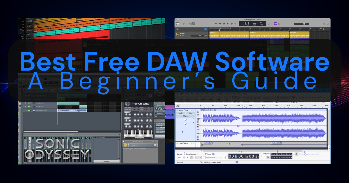 Collage of free DAW software interfaces including Cakewalk Next, GarageBand, Audacity, LMMS, and Waveform Free for beginner music production