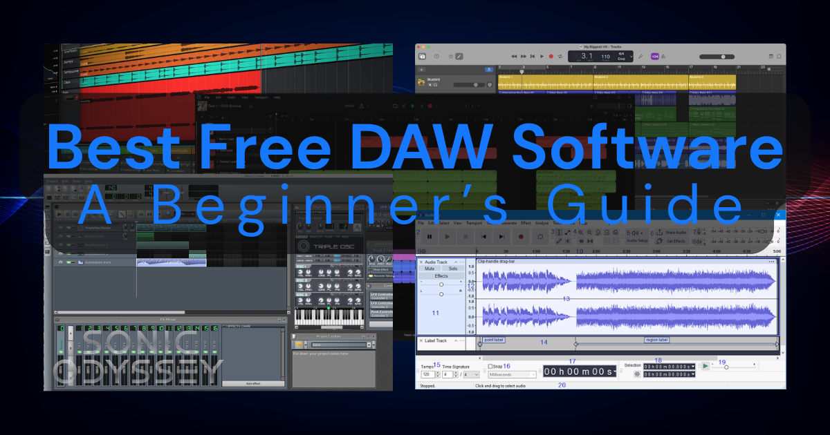 Screenshot collage of the best free DAW software for beginners in 2026, including Cakewalk Next, Tracktion Waveform Free, GarageBand, Audacity, and LMMS.