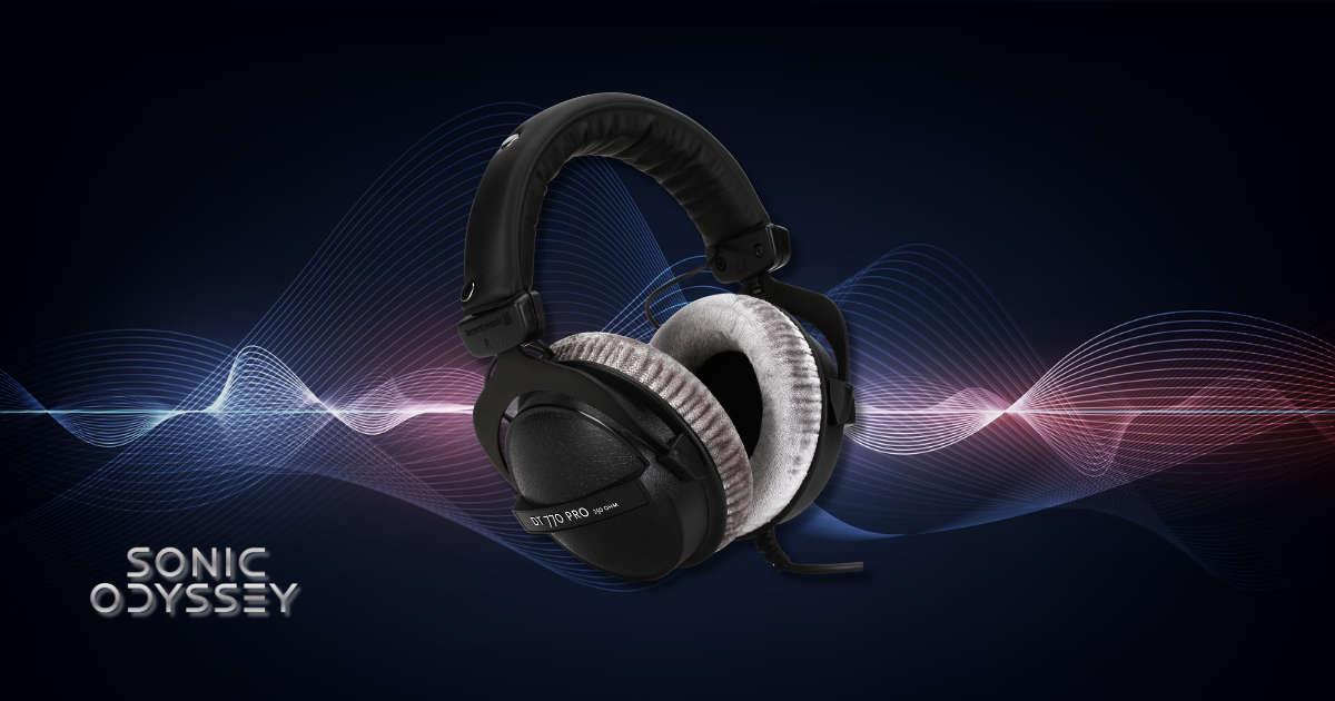 Beyerdynamic DT 770 Pro studio headphones with velour ear pads on a dark background with waveform design