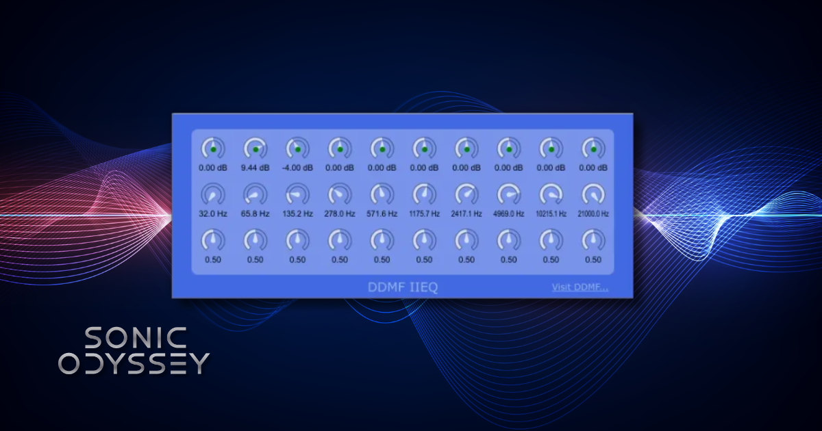 DDMF IIEQ parametric equalizer plugin interface with multiple adjustable frequency bands for mixing and audio processing.