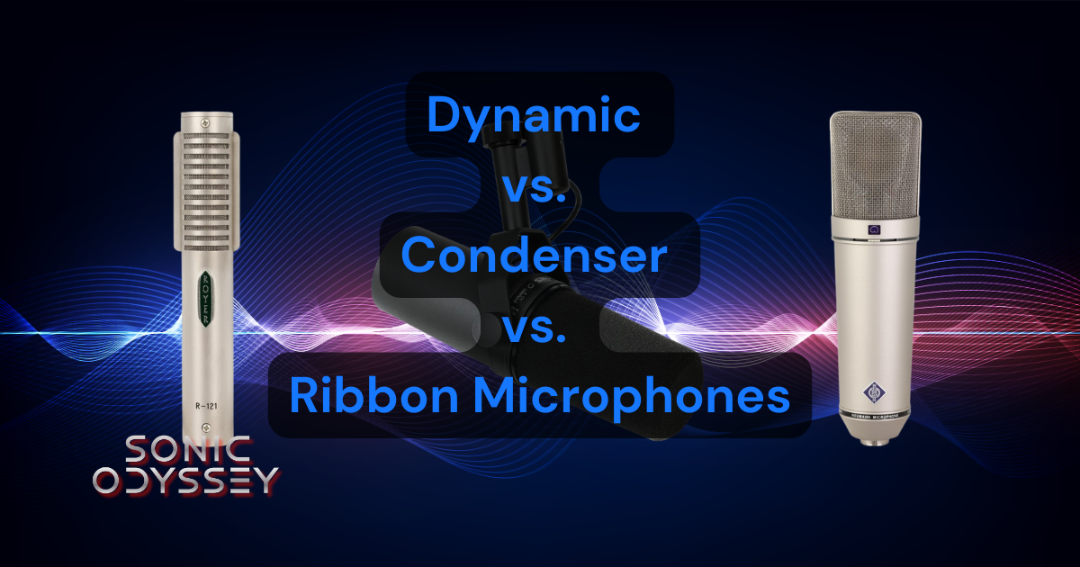 Three microphone types displayed side by side, representing dynamic, condenser, and ribbon microphones for recording and studio use.