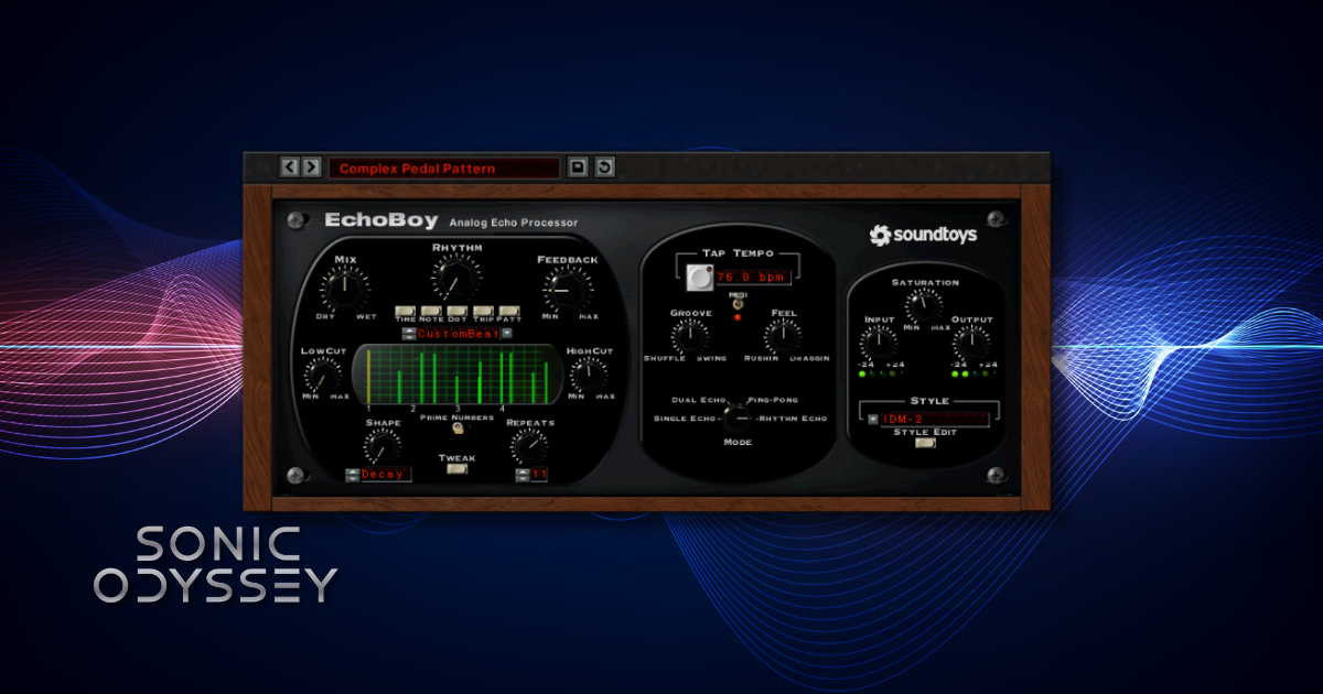 Interface of Soundtoys EchoBoy showing analog-style delay controls, rhythm modes, saturation, and detailed repeat shaping options.