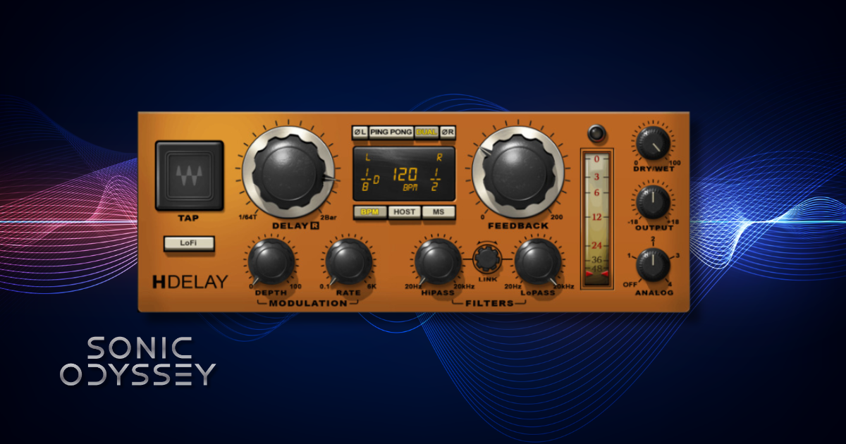 Interface of Waves H-Delay delay plugin showing analog mode, delay time controls, feedback, filters, and modulation.