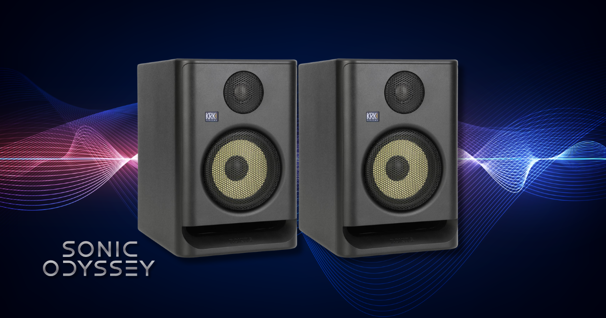 Pair of KRK Rokit 5 G5 studio monitors with yellow Kevlar woofers designed for small home studio music production setups