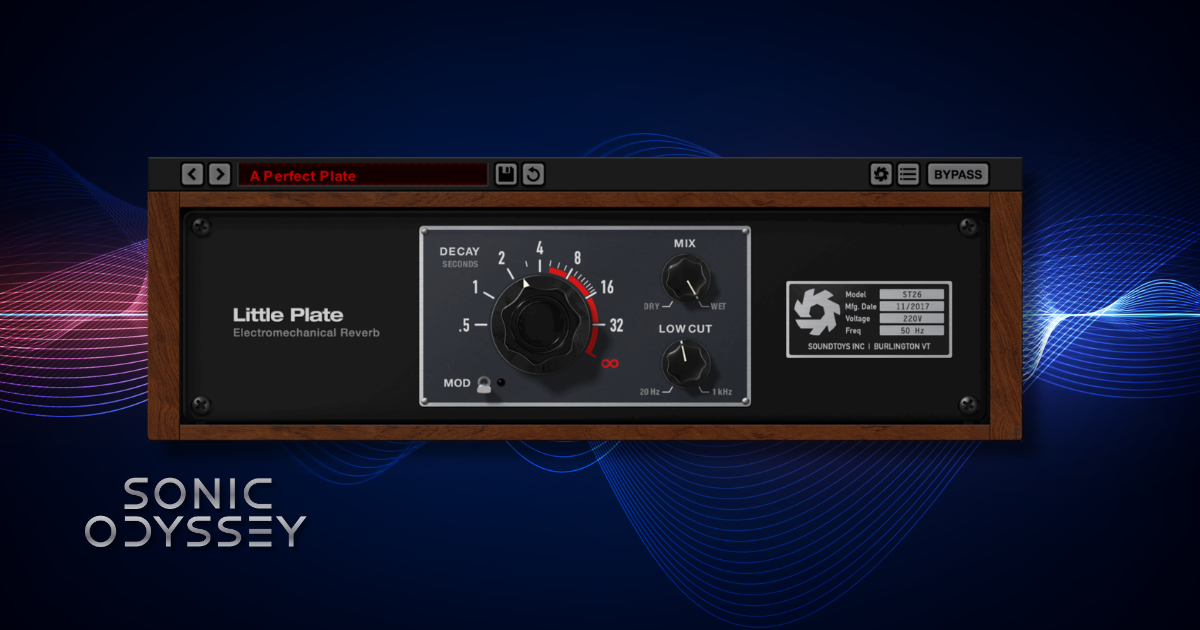 Interface of Soundtoys Little Plate showing a minimal plate reverb design with decay, mix, modulation, and low-cut controls.