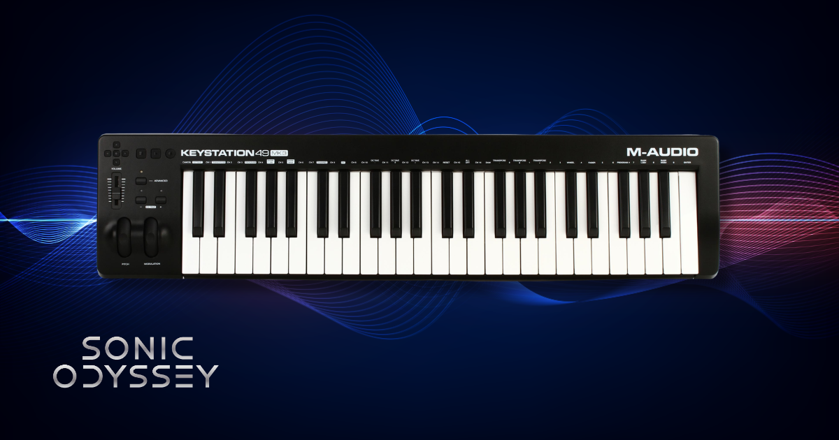 M-Audio Keystation 49 MK3 MIDI controller with 49 full-size keys and pitch and modulation wheels on a Sonic Odyssey background.