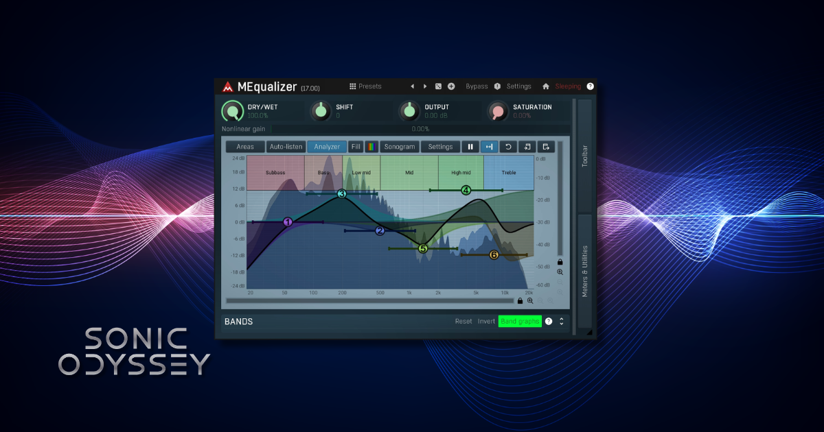 MeldaProduction MEqualizer parametric EQ plugin with spectrum analyzer and adjustable EQ bands for music production.