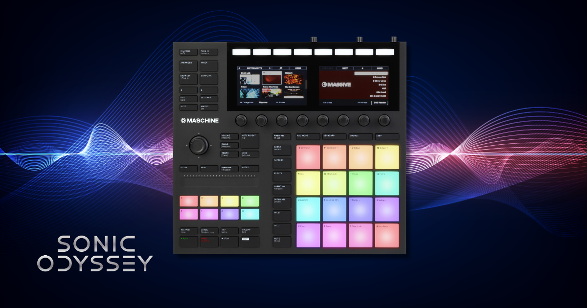 Native Instruments Maschine MK3 pad controller with RGB pads and dual screens for beatmaking and music production on a Sonic Odyssey background.