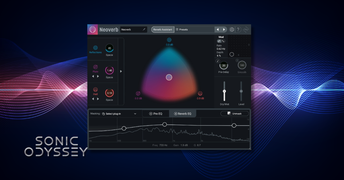 Interface of iZotope Neoverb showing the blend pad for Hall, Plate, and Room reverbs with built-in EQ and masking tools.