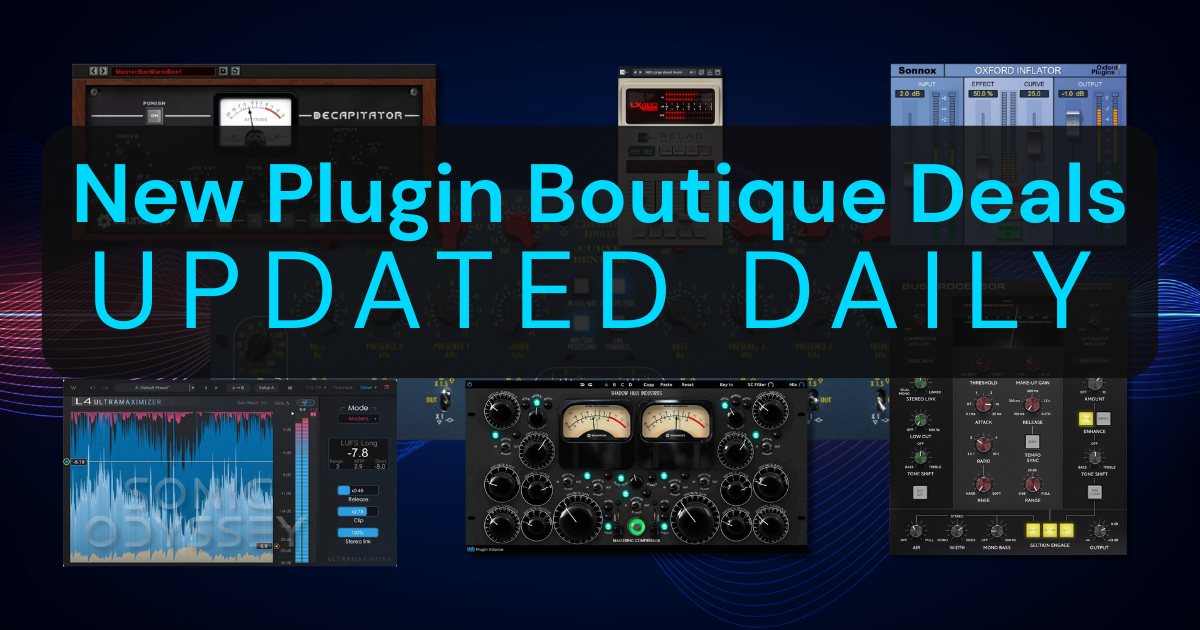 New Plugin Boutique Deals banner featuring plugin interface graphics and “Updated Daily” text overlay.