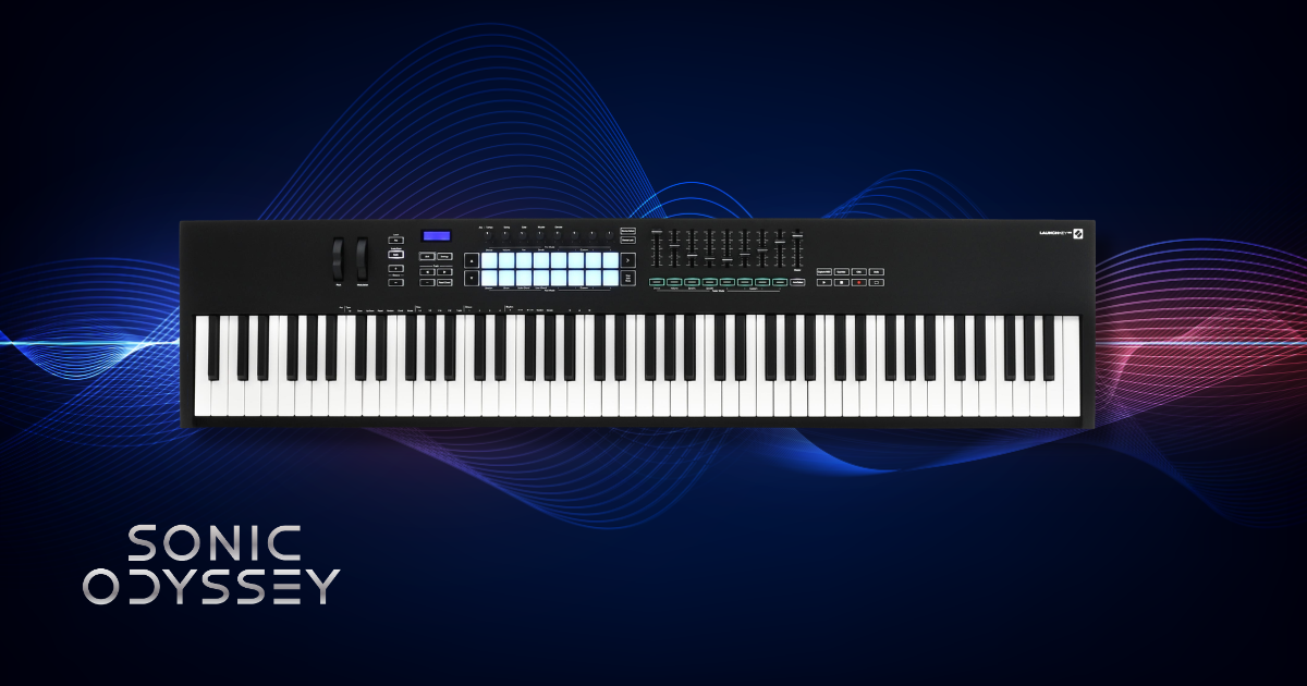 Novation Launchkey 88 MIDI controller with full-size semi-weighted keys, pads, and faders on a Sonic Odyssey background.