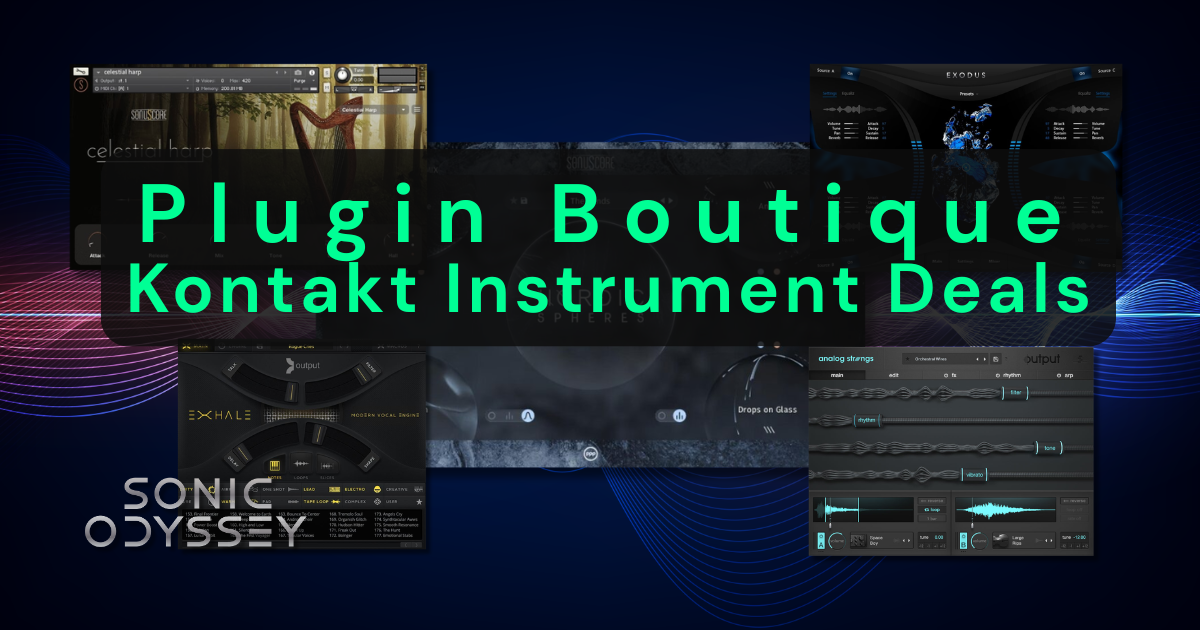 Plugin Boutique Kontakt instrument deals page hero featuring multiple Kontakt instrument interfaces and Sonic Odyssey branding