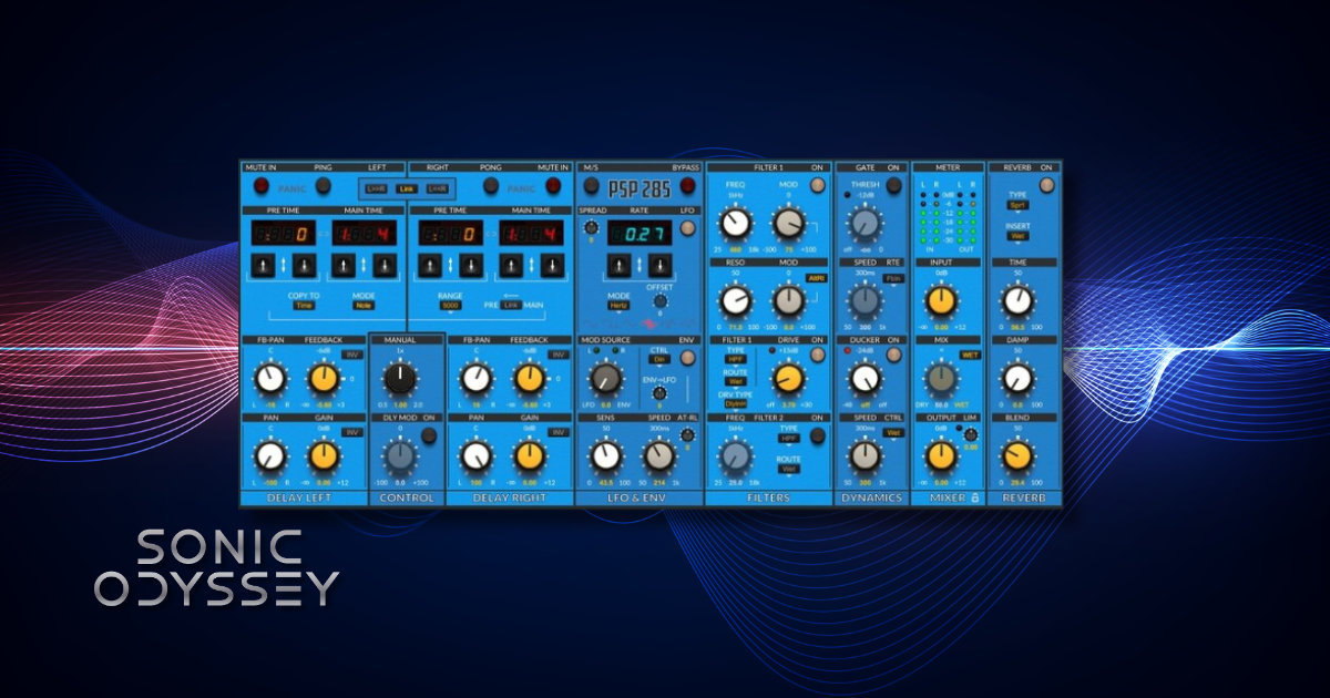 Interface of PSP 285 delay plugin showing dual delay engines, modulation controls, filtering, and dynamic processing options.
