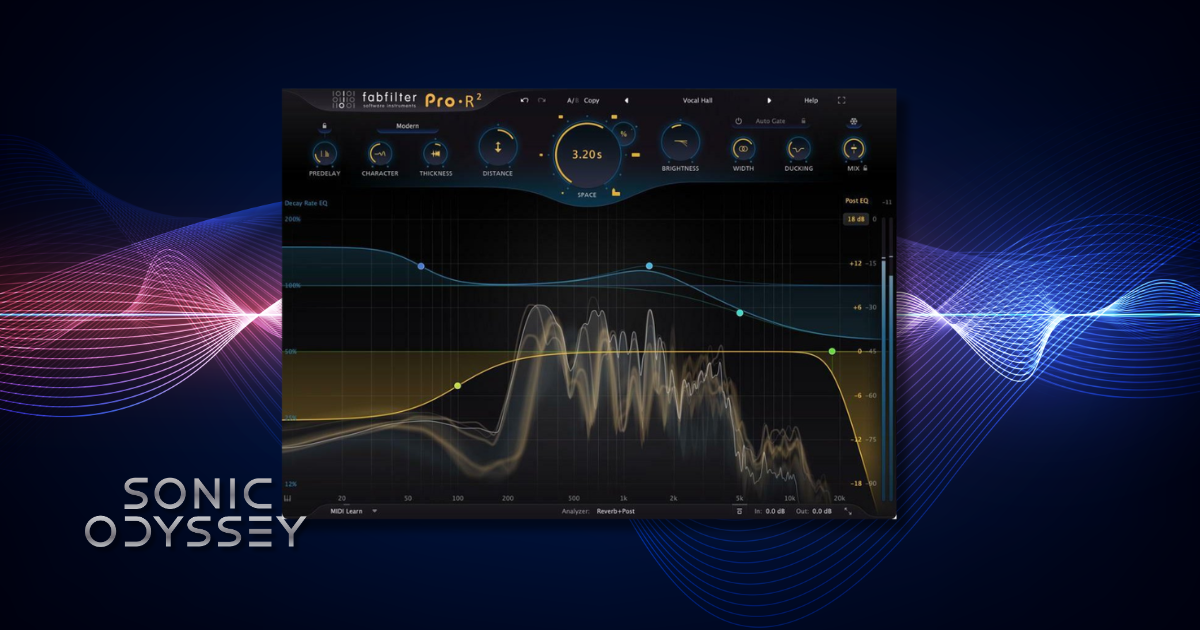 Interface of FabFilter Pro‑R 2 showing EQ-style decay controls used to shape reverb space in music production.