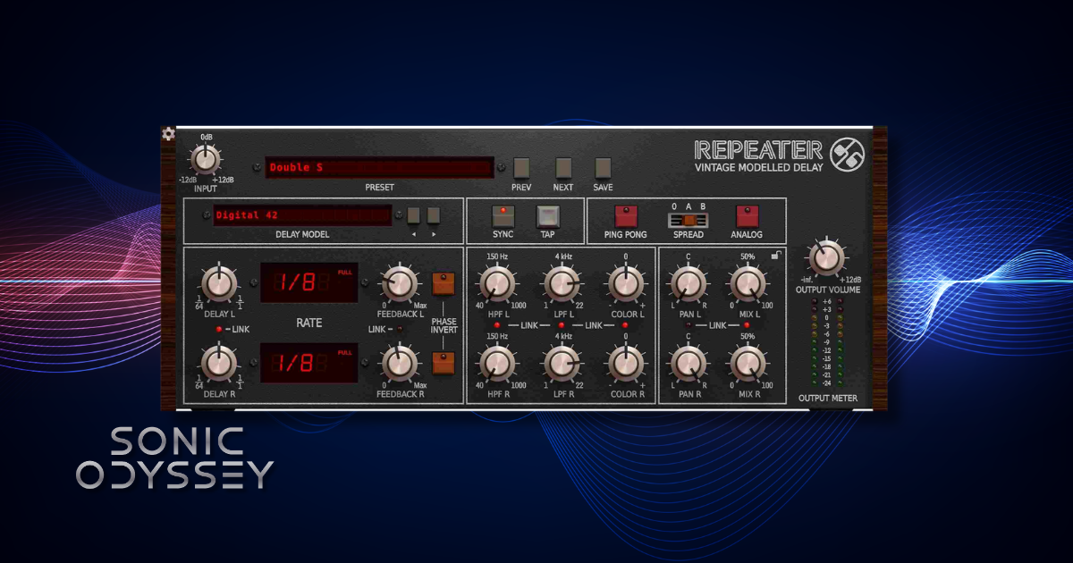Interface of D16 Group Repeater delay plugin showing dual delay lines, vintage delay models, filtering controls, and modulation parameters.