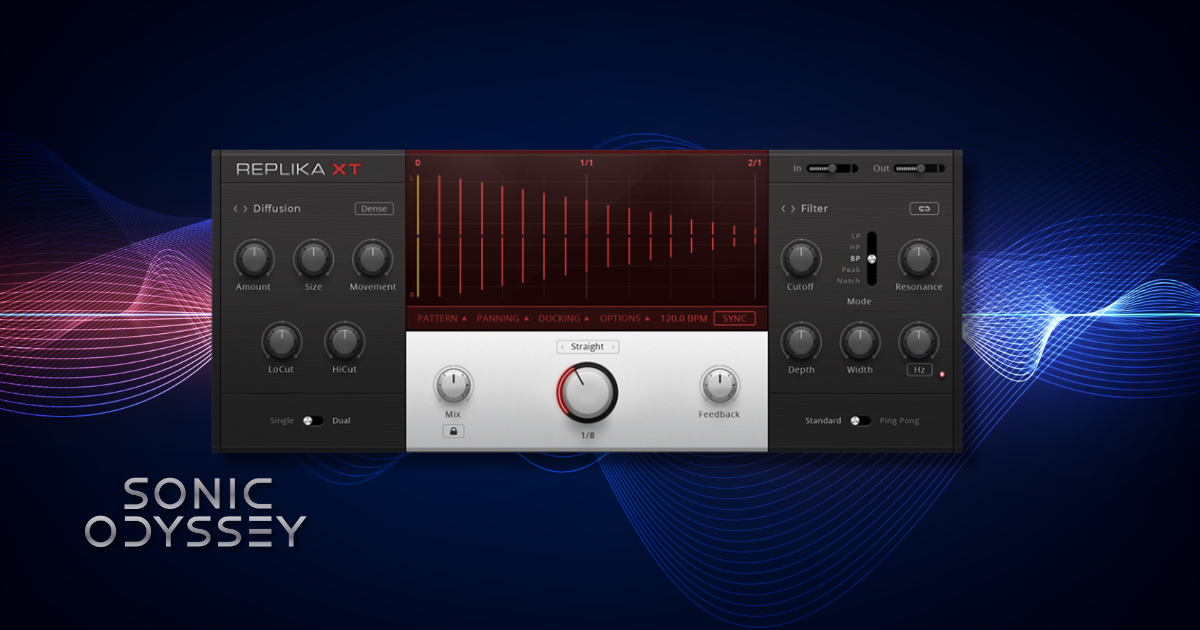 Interface of Native Instruments Replika XT showing pattern-based delay controls, modulation options, filtering, and stereo effects.