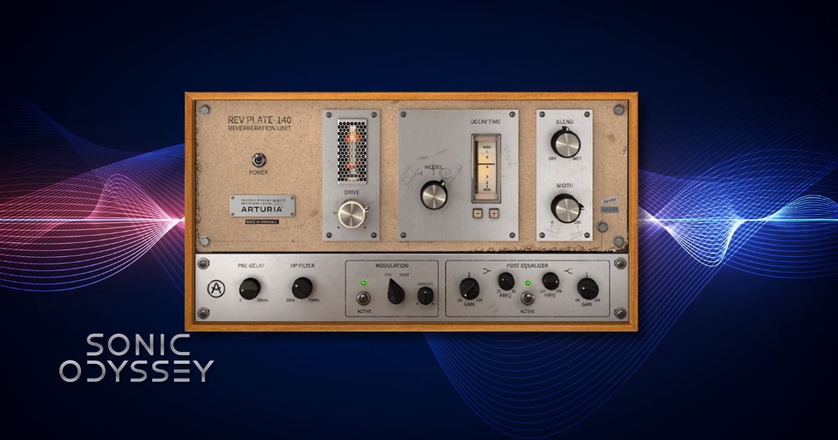 Interface of Arturia Rev PLATE-140 modeled after vintage plate reverb units with controls for decay time, modulation, EQ, and stereo width.