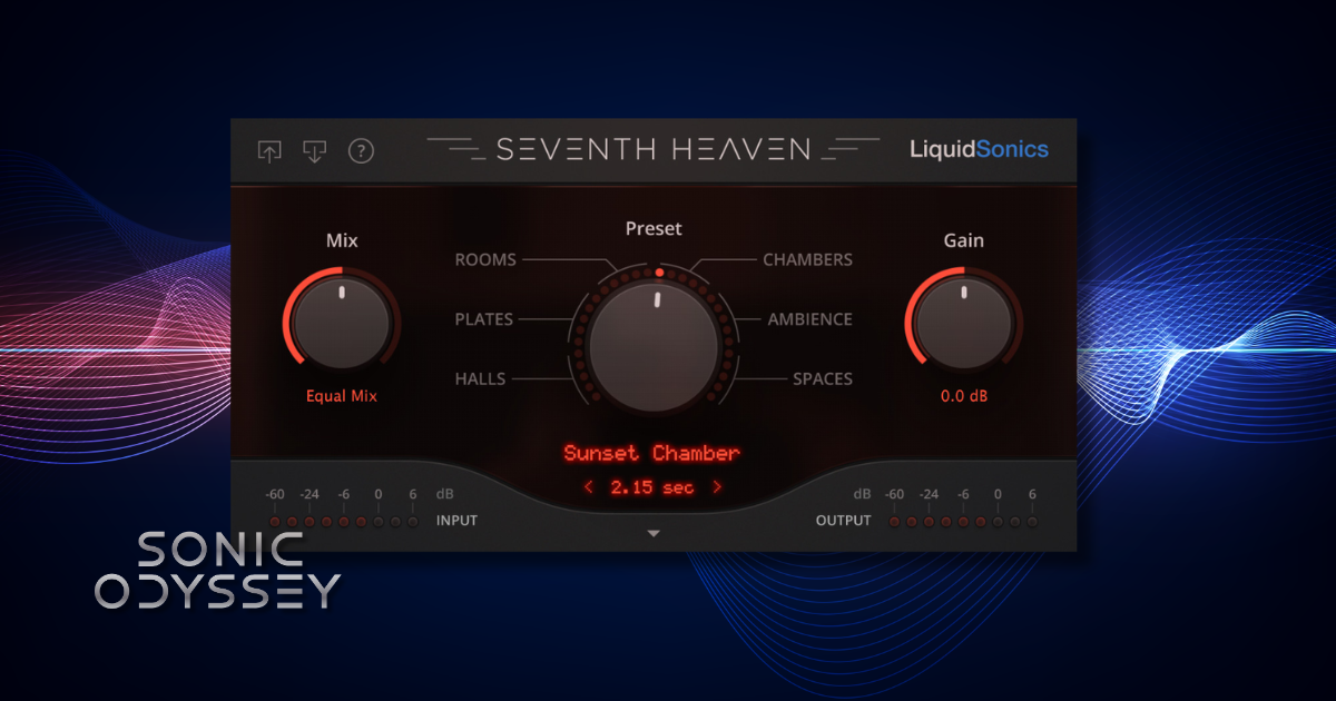 Interface of LiquidSonics Seventh Heaven, a convolution reverb modeled on the Bricasti M7 used for high-end studio ambience.