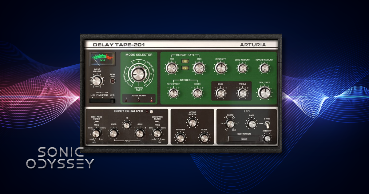 Interface of Arturia Delay TAPE-201 plugin modeled after vintage tape echo hardware with controls for tape heads, feedback, EQ, and modulation.