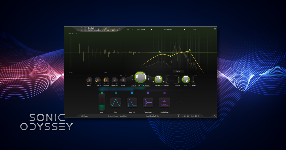 Interface of FabFilter Timeless 3 showing dual delay lines, modulation controls, and built-in filtering within FabFilter’s signature visual workflow.