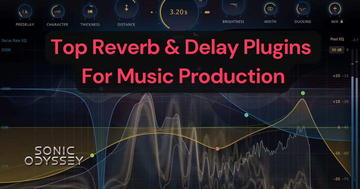 Audio plugin interface with frequency curves and controls illustrating reverb and delay processing, representing the article “Top Reverb & Delay Plugins for Music Production.”