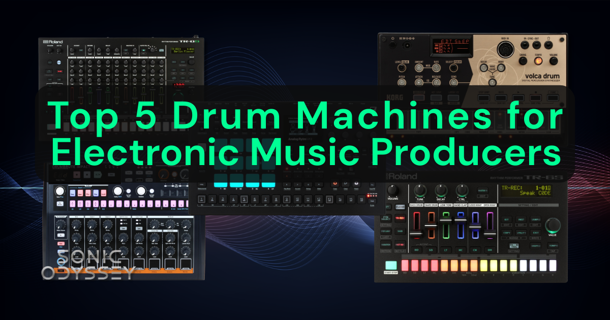 Top 5 drum machines for electronic music producers featuring Roland TR-8S, Korg Volca Drum, Roland TR-6S, and other modern electronic drum machines.