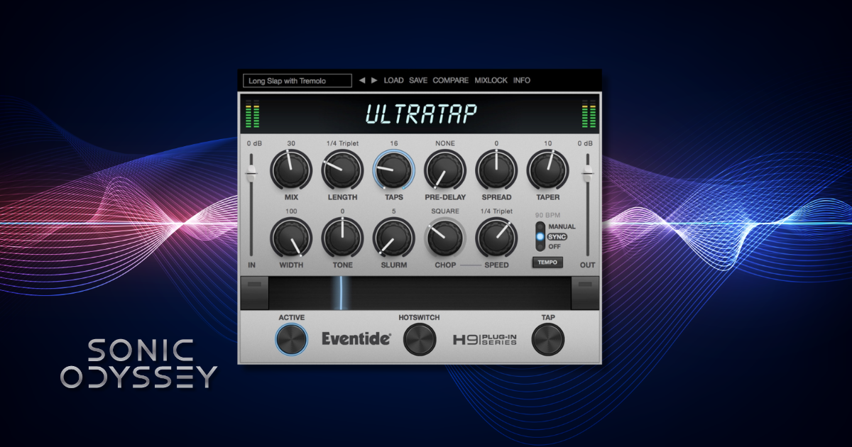 Interface of Eventide UltraTap showing controls for taps, length, spread, slurm, and rhythmic delay shaping.