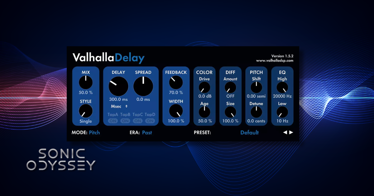 Interface of Valhalla Delay plugin showing controls for delay time, feedback, modulation, pitch shifting, and tone shaping.