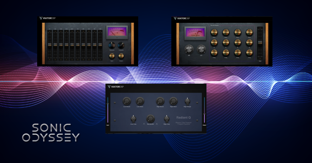 ViatorDSP equalizer plugins including Radiant Q and graphic EQ interfaces.