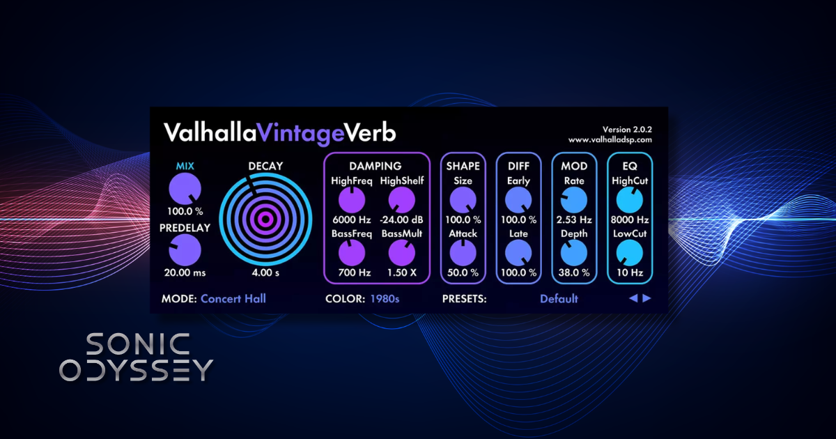 Interface of Valhalla VintageVerb showing vintage-style reverb controls used to create lush ambience in music production.