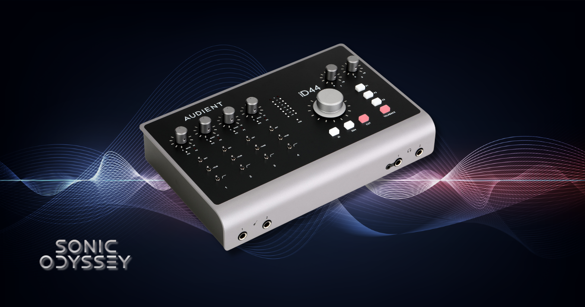 Audient iD44 USB audio interface with multiple control knobs, input switches, and dual headphone outputs on a dark wave-themed background