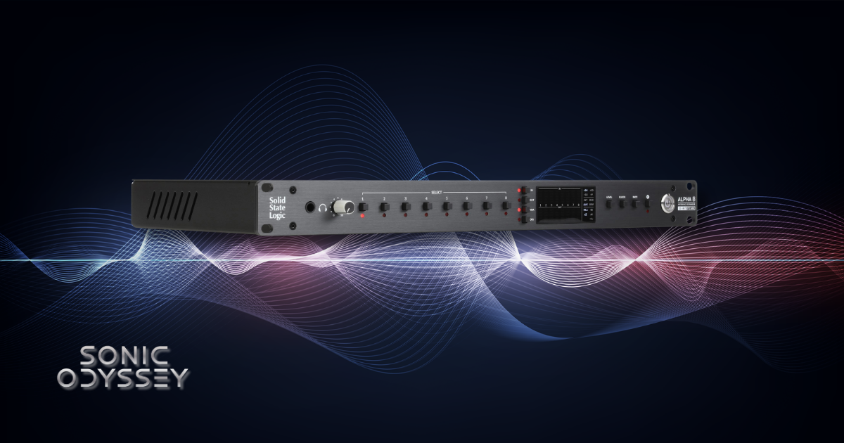 SSL Alpha 8 rackmount audio interface and AD/DA converter with front panel controls and display on a dark wave-themed background